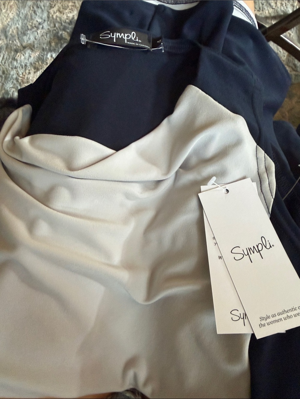 Sympli ~ Sleeveless Matrix Cowl Neck Navy and Cream Draped Shell Top Size 4